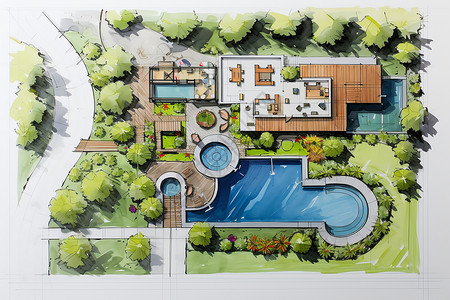 园林水池带泳池的别墅户型图插画