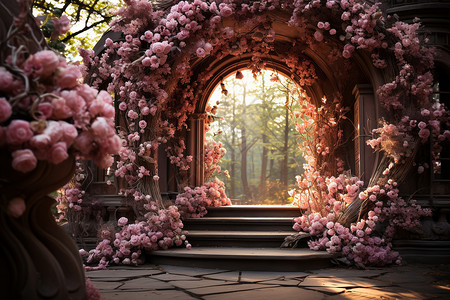 粉色花朵装饰粉色鲜花装饰的拱门设计图片