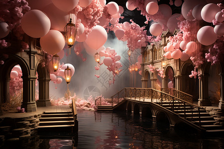 水木桥城堡中的粉色气球设计图片