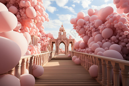 木桥小路粉色的气球和城堡设计图片