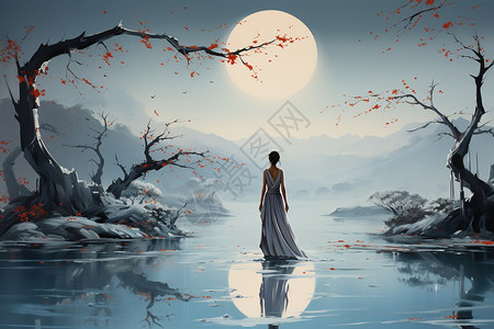 秋冬女女鞋夜晚风景水墨画插画