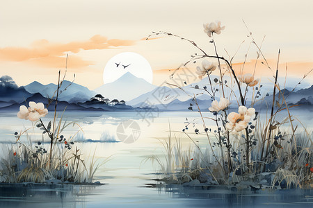 白露湖边的风景水墨画图片
