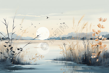 白露湖边水墨画背景图片