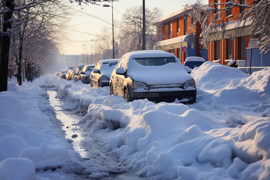 街道上被雪覆盖的汽车图片