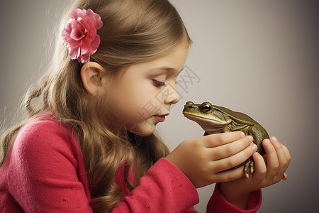 抱着青蛙的外国小女孩背景图片