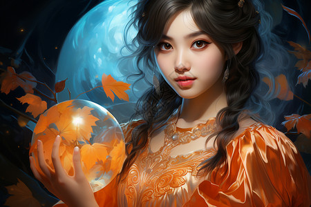 枫叶月亮素材梦幻的美丽女人背景