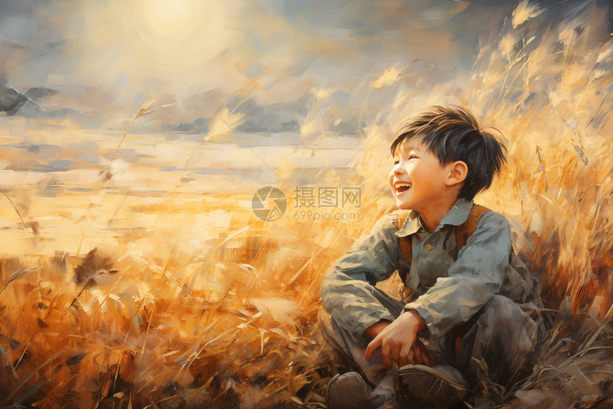 秋天金色稻田中的小男孩图片