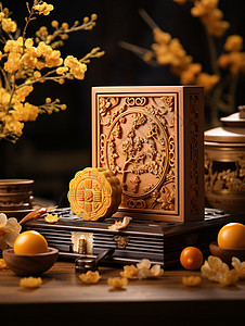 传统插花3D中式精美月饼礼盒设计图片