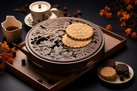 中秋节月饼和茶雕花月饼盒设计图片