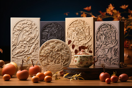 复古风月饼包装高级雕花月饼礼盒组设计图片