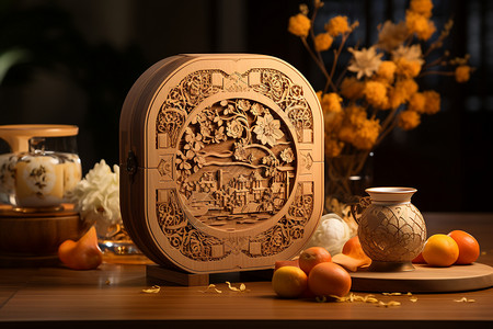 水果木箱精美雕花月饼礼盒设计图片