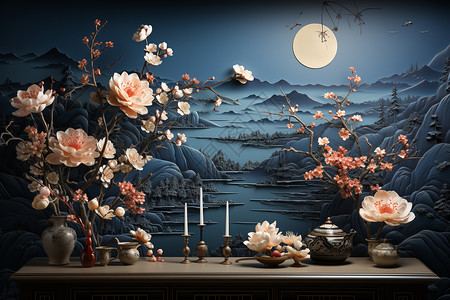 中式家装客厅中式复古雕花背景墙设计图片