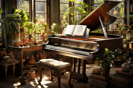 阳光花房中的钢琴高清图片