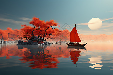 船中月亮行驶在平静湖面上的船设计图片