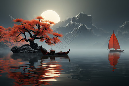 月亮船装饰画秋天夜晚下在湖面的船设计图片