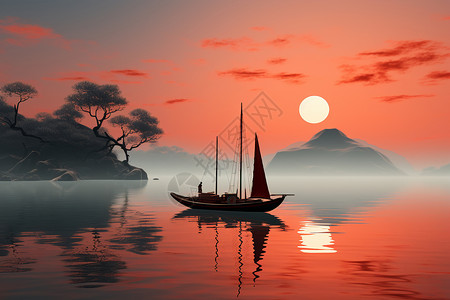 秋天月色荡漾在湖面的船只设计图片