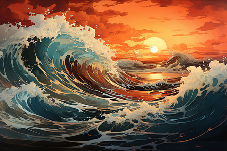 夕阳下翻滚的海水背景图片