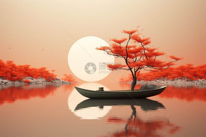 禅意秋日船帆景观图片