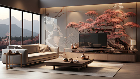 简约风景背景墙中式风格的客厅电视背景墙设计图片