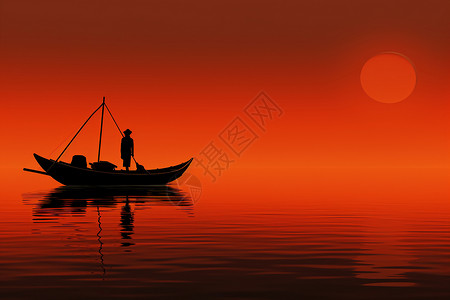 橙色江水船只剪影背景图片