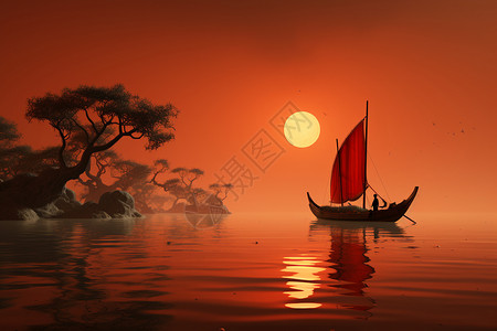 秋日夕阳船只背景素材图片