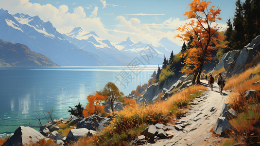 森林小道油画雪山脚下湖泊的美丽景观插画