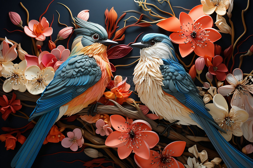 鸟类和花朵的刺绣插图图片