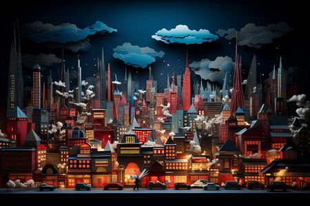 3D剪纸风的大都市插图背景图片