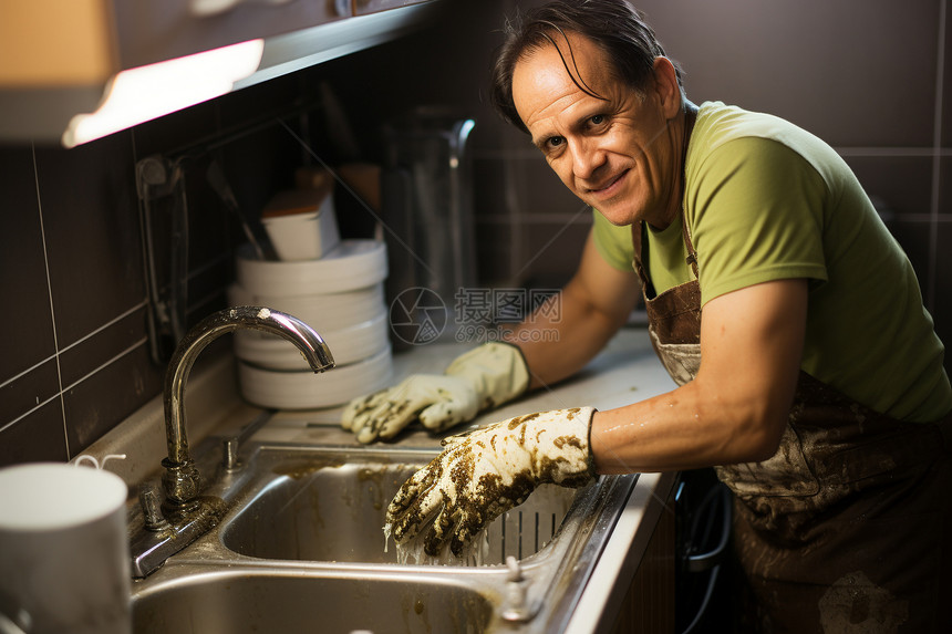 厨房洗涤碗筷的男人图片