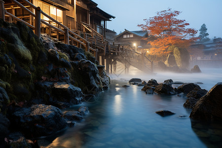 仁寿山庄户外舒适的日式温泉背景