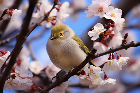 野生樱桃树桃花树上的绣眼鸟背景