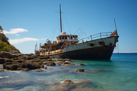 沉船海滩生锈的废弃破旧沉船背景