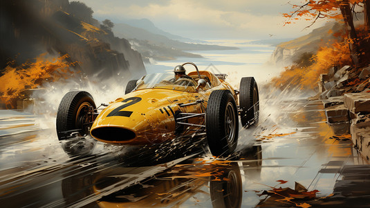 湿滑道路上赛车的油画插图背景图片