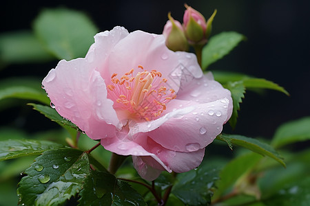 美丽的多雨的雨水下的粉色花朵背景
