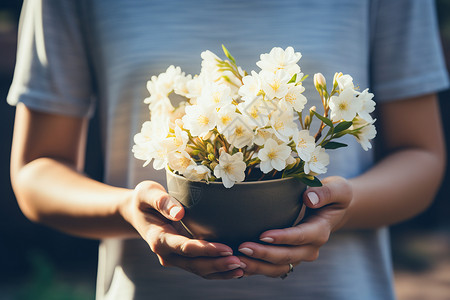 手中绽放的白色花卉盆栽背景图片