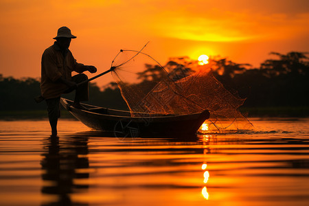 农民钓鱼宁静湖面上的渔民背景