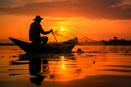 农民钓鱼湖中渔船上的农民背景