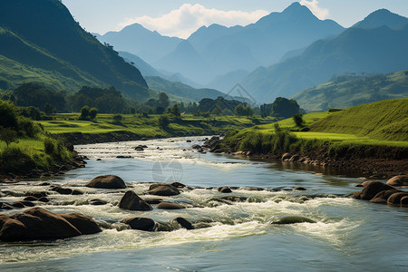 夏季丘陵山间的河流景观图片