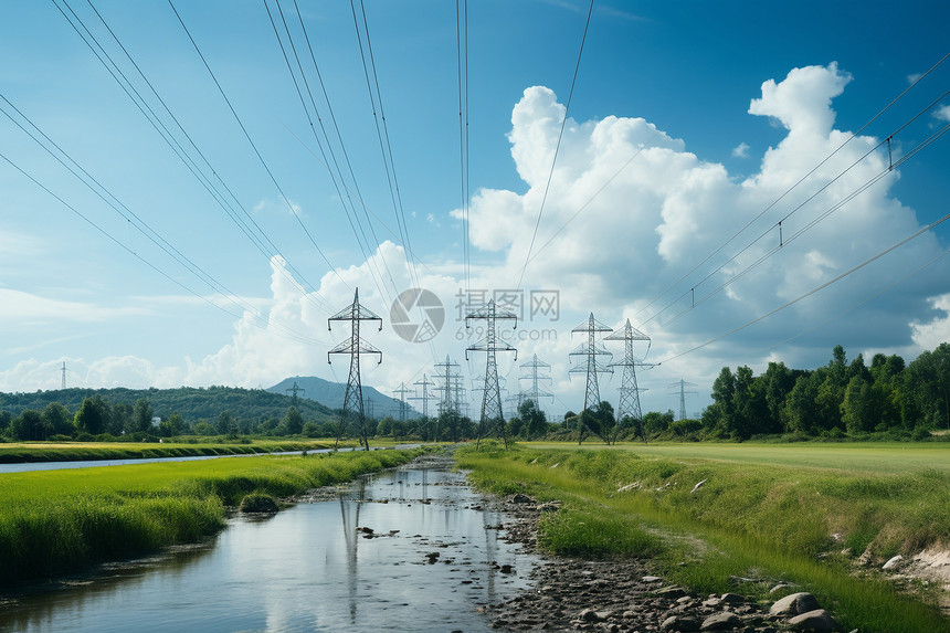 夏季田野中的电力塔景观图片