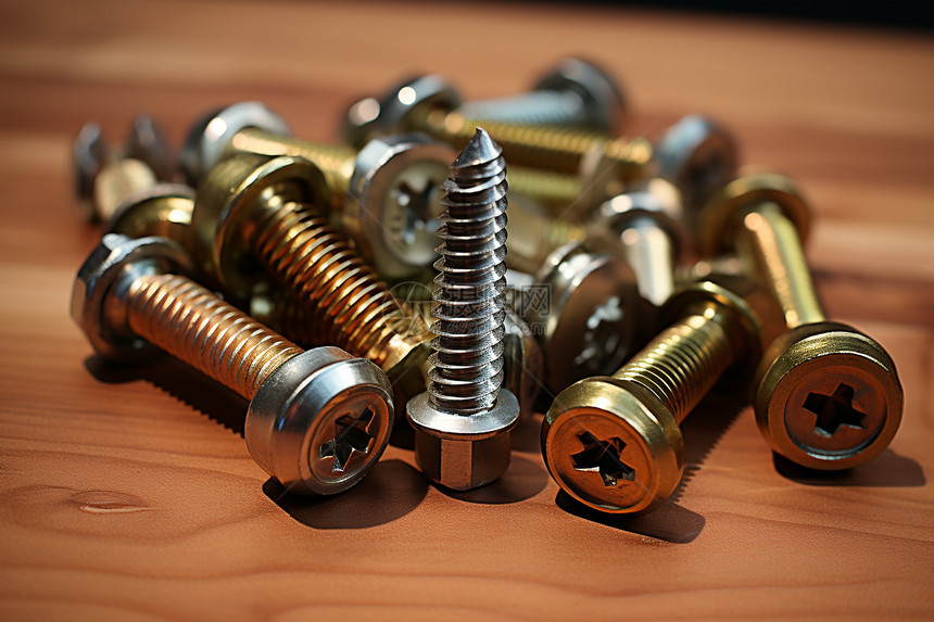 桌面上的工业金属螺栓零件图片