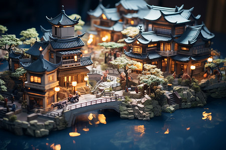 中式园林夜景湖边中式古建筑景观插画