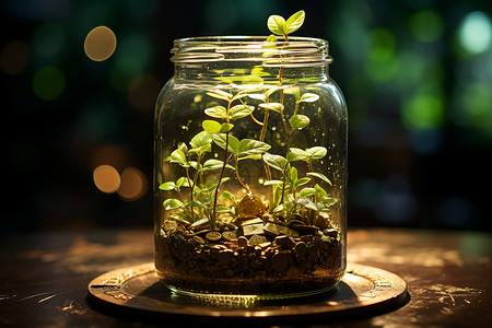 嫩绿的小芽玻璃瓶中发芽的金币设计图片