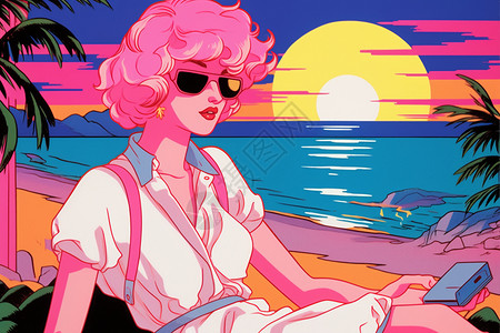 粉色海滩日落时分在海边的少女插画
