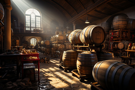 传统工艺木桶存储的酒窖背景图片