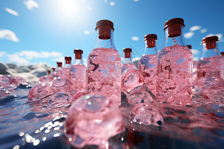 一堆酒粉色的苏打水玻璃瓶设计图片