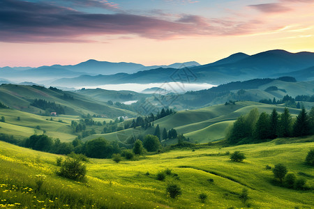 夏季郁郁葱葱的丘陵山区景观背景