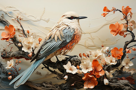 3D立体创意花卉中的鸟类背景图片