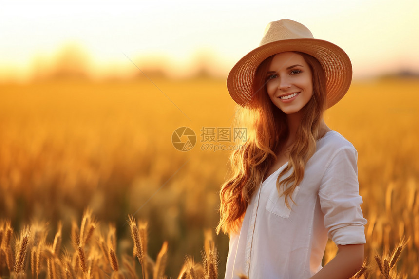 农村稻田中优雅年轻的女子图片