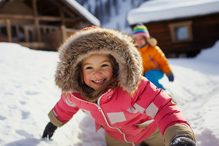 滑雪场中开心的小女孩背景图片