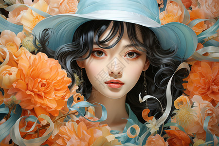 淡蓝色丝带鲜花与头戴礼帽的女孩插画